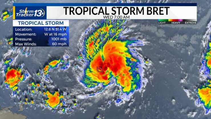 The Caribbean is being battered by Tropical Storm Bret, which brings strong winds and torrential rain.